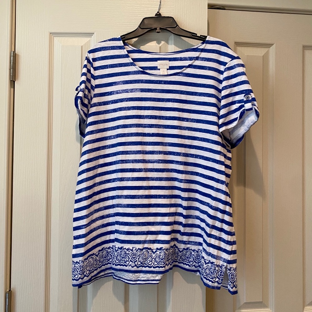 Chico’s Navy/white striped top w/ floral detail